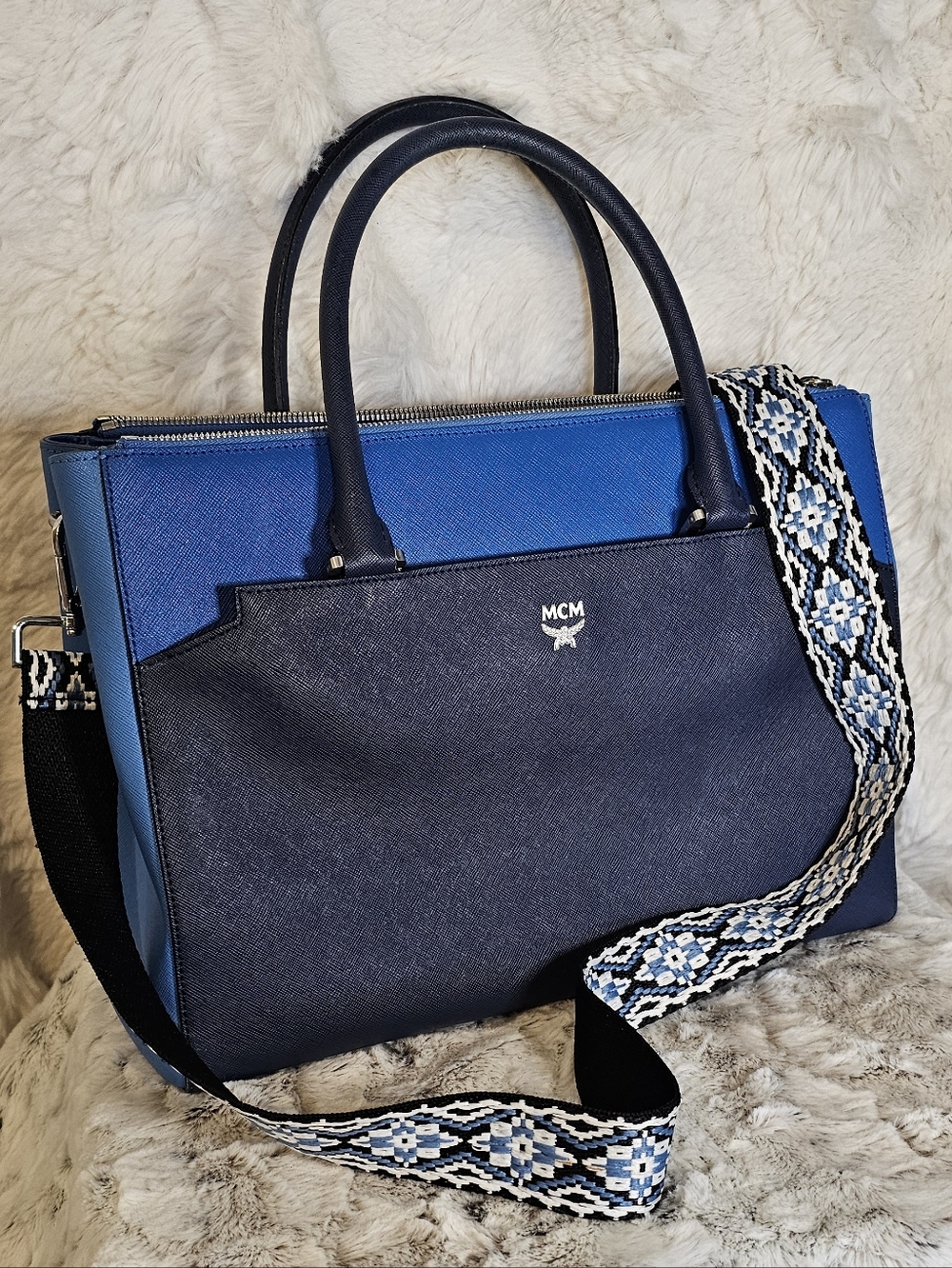 MCM Two-Tone Blue Leather Satchel with Non Branded Patterned Strap